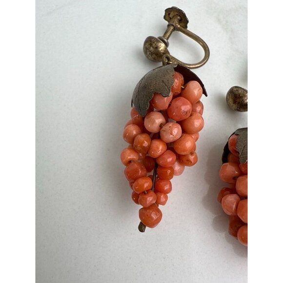 Antique Victorian Red Coral Grape Cluster Earrings Dangling Screw Back Jewelry - Picture 3 of 7